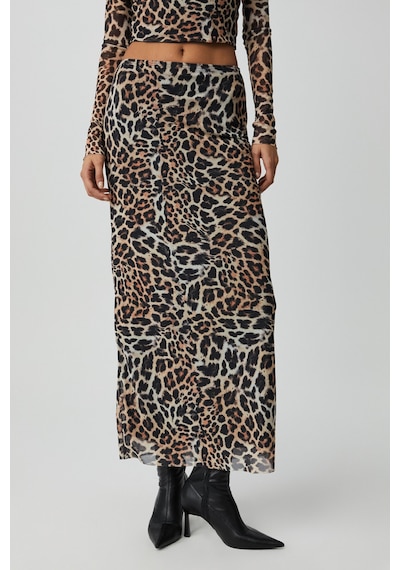Grimelange Kadın Maxi Boy Slim Fit Beli Lastikli Tül Batik Desenli Leopar Desenli Etek