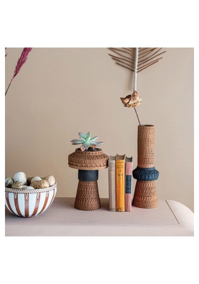 El Yapımı Kabartmalı Terracotta Vazo Büyük Boy Boho Dekoratif Vazo Altın - Siyah