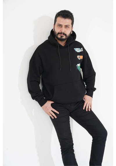 Unisex Kapüşonlu Sırt Baskılı Kanguru Cep Sweatshirt 001