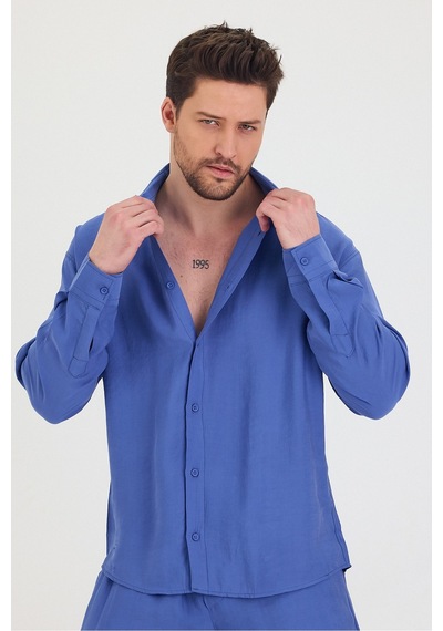 Erkek Oversize Rahat Kalıp Gömlek-pantolon Alt-üst Takım Saks Mavi