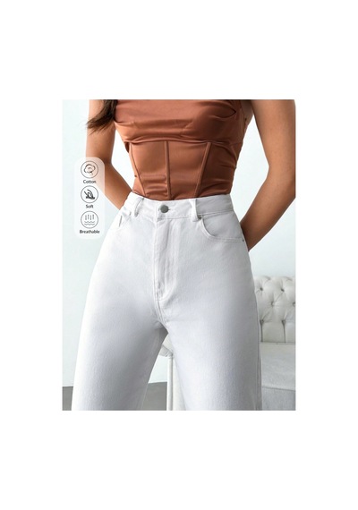 Kene Jeans Yüksek Bel Beyaz Keten Mom Pantolon Beyaz