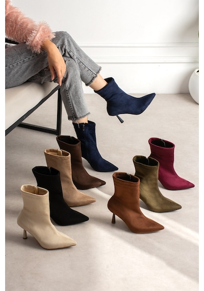 Dabab Shoes Marya Kadın Vizon Streç Lüks Süet Sivri Burun Sıcak Astarlı Fermuarlı 7 Cm İnce Topuklu Bot Bootie