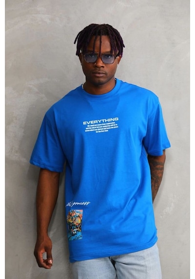 Erkek Bisiklet Yaka Baskılı Oversize T-shirt - Mavi