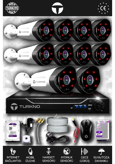 Turkno 10 Kameralı Galia 10 Dış Kamera Set 100 GB HDD Full HD Gece Görüşlü Güvenlik Kamerası Sistemi