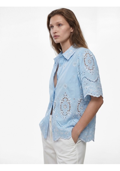 Koton Pamuklu Klasik Yaka Brodeli Kısa Kollu Oversize Gömlek Mavi 6sak60240uw