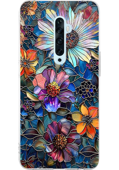 Printify Oppo Reno 2z İle Uyumlu Vitray Mücevher Flora Tasarımlı Şeffaf Silikon Kılıf Şeffaf