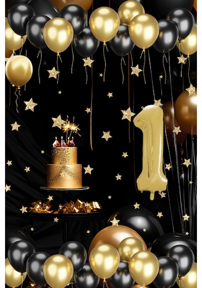 1 Yaş Gold Siyah Balon Seti Gold Rakamlı Doğum Günü Balonu Şık Parti Süsleme Çok Renkli