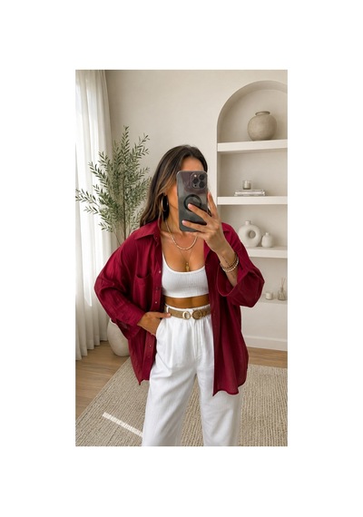 Moda Banuş Bordo Düşük Omuzlu Tensel Gömlek
