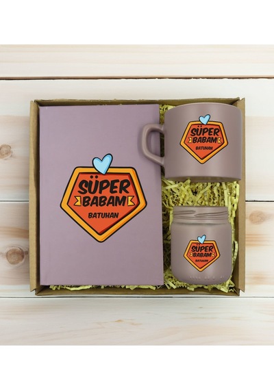Bk Gift Kişiye Özel İsimli Dtf Baba Temalı Mat Gri Defter + Kahve Fincanı + Mum ye Seti-1