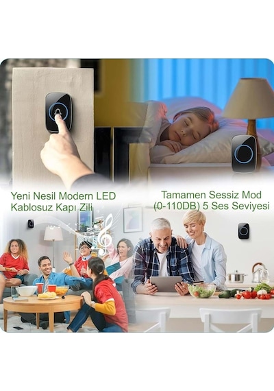 2 Buton 1 Alıcı Kablosuz Kapı Zili Ledli Modern 300metre Menzil 60 Çeşit Zil 5 Seviye Ses