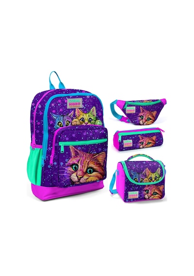 Coral High Mor Kedi Üçlü Okul Çantası Ve Bel Çantası Seti