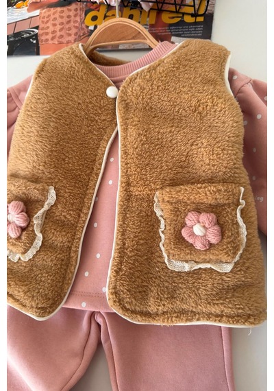 Minigimin Cicileri Çiçek Cep Detaylı Peluş Yelekli Kız Bebek 3 Lü Takım - Pembe
