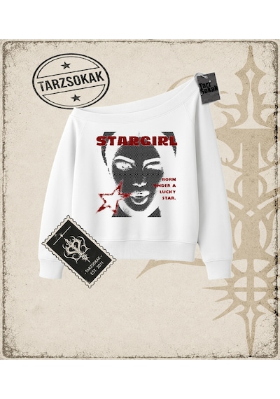 Tarzsokak Gotik & Grunge Streetwear Star Gırl Kayık Yaka Sweatshirt Beyaz