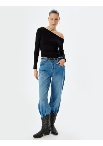 Koton Uzun Kollu Tişört Asimetrik Yaka Drapeli Viskon Slim Fit Siyah 5wal10144ık Siyah