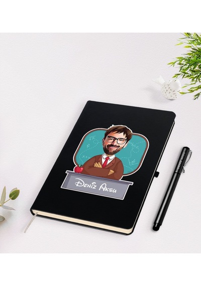 BK Gift Kişiye Özel Erkek Öğretmen Karikatürlü Siyah Defter Kalem