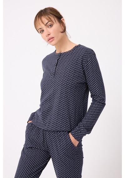 Lespadon Ocean Rıpple Premium Örme Pamuk Uzun Kollu Henley & Uzun Pantolonlu Kadın Pijama Takımı-3233 Lacıvert