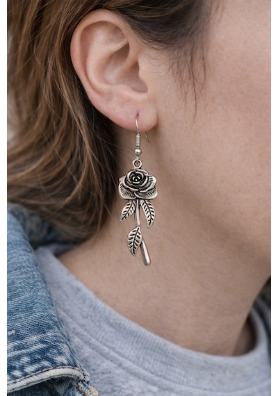 Vintage Rose Leaf Gül & Yaprak Figürlü Eskitme Gümüş Renk Sallantılı Küpe Çok Renkli