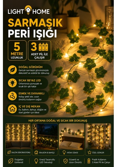 Yapay Sarmaşık Led Işık Dekoratif Işıklı Sarmaşık Led Oda Duvar Yatak Odası Parti Yılbaşı Dekoru 5 Metre 50 Led Sarı