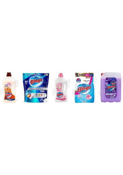 Bingo Ahşap Tem. 1 L + Tablet Pro 80'li + Yüzey Tem. Fresh 2.5 Lt +renkliler Toz 8 Kg + Soft 5'li Set Diğer