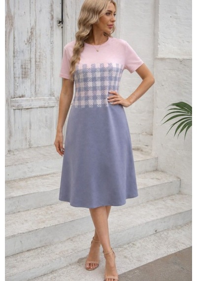Efnaz Style Kadın Kısa Kollu Bisiklet Yakalı Desenli Süprem Elbise Pembe