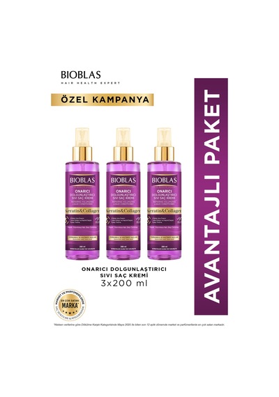 Keratin Kolajen Sıvı Saç Kremi 3 X 200 Ml - Onarıcı, Dolgunlaştırıcı, Kolay Tarama