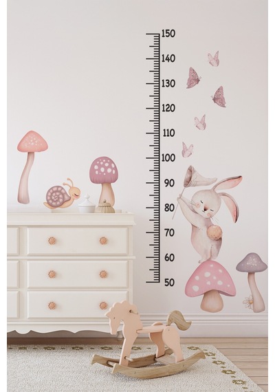 Sevimli Tavşan Boy Ölçer Duvar Sticker Seti 29 Parça Çocuk Odası Boy Cetveli Pastel Pembe Tavşan Dijital Baskı