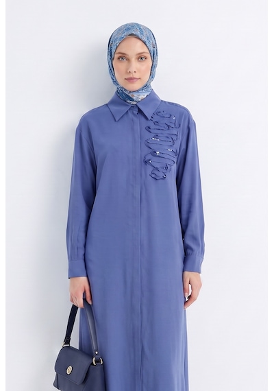 Armine Trend Gizli Patlı Tam Boy Düğmeli Gömlek Yaka 120 Cm Boy Tunik İndigo 26yt417