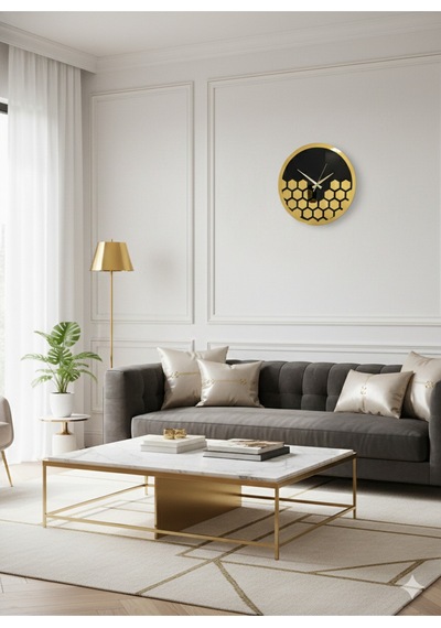 Petek Model Duvar Saati Dekorasyon 45 Cm Siyah Gold Renk