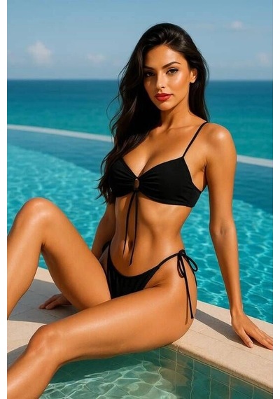 Veraura Lifestyle Siyah Bağcıklı Bikini Takımı V5100 Kırmızı
