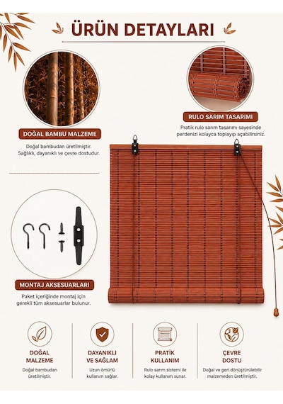 Ayrex Ahşap Doğal Bambu Katlamalı Stor Perde Güneş Kırıcı Dekoratif Bahçe Balkon Ev Pencere Güneşlik Koyu Ka Diğer