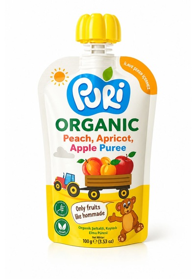 Organic %100 Organik Meyve Püresi Şeftali - Kayısı - Elma 100 G İlave Şekersiz