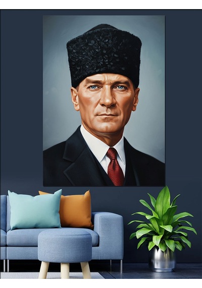 Kalpak Şapkalı Mustafa Kemal Atatürk Portresi Dekoratif Kanvas - Mdf Ahşap Tablo