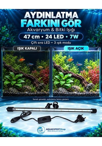 Akvaryum Işığı - Balık Işığı - Bitki Işığı - 47 Cm - 24 Led - Tamamen Su İçinde Kullanılabilir - 3 Modlu - 7w - Mükemmel Işık