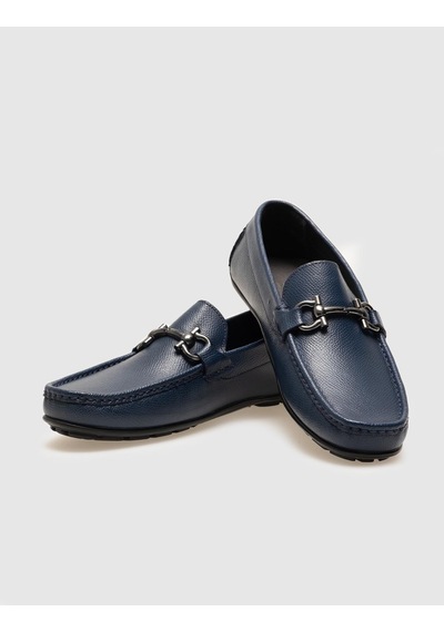Hakiki Deri Lacivert Metal Aksesuarlı Erkek Loafer Ayakkabı - 42