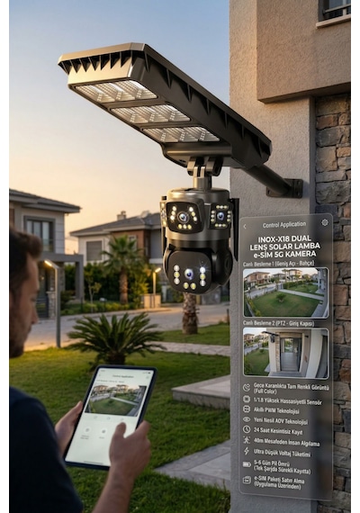 Inox-x18 Çift Lensli 4g Esım Güneş Enerjili Güvenlik Kamerası Ve Solar Lamba - Dış Mekan Akıllı Ptz Aydınlatmalı Kamera