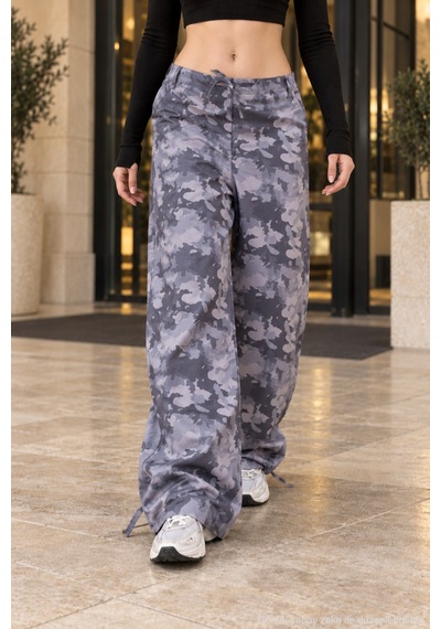 Polo State Kadın Gri Kamuflaj Desenli Bel Ve Paça Bağcıklı Bol Paça Pantolon