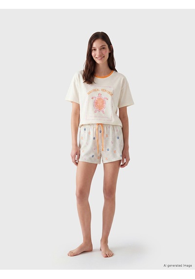 Lcw Dream Ekru Bisiklet Yaka Baskılı Kadın Şortlu Pijama Takımı