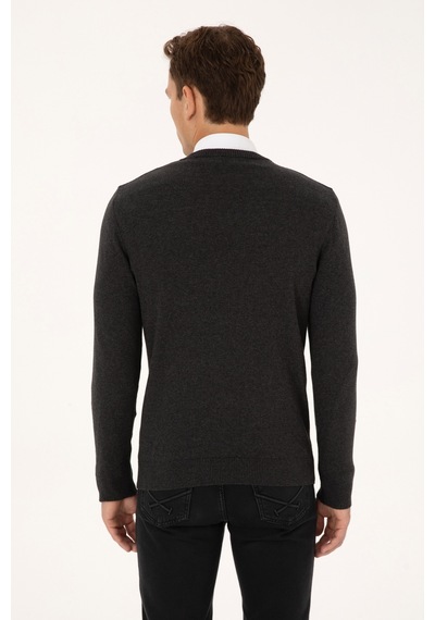 U.S. Polo Assn. Erkek Slim Fit V Yaka Antrasit  Melanj Basic Triko Kazak 50313662-VR081