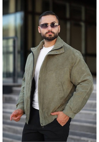 Tasarım Oversize İçi Kapitone Dolgulu Kadife Ceket Haki Kadife