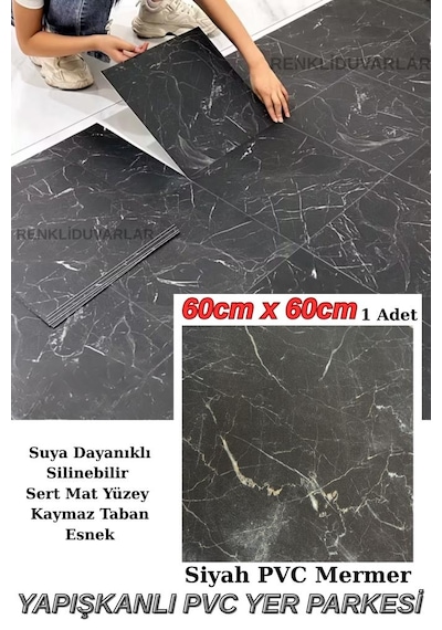 60cmx60cm Siyah Mermer Desenli Pvc-lvt Yapışkanlı Yer Kaplama Paneli Kauçuklu Floor Banyo Wc S74p Siyah