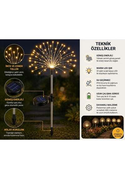 Saçak Model Solar Bahçe Lambası Güneş Enerjili Led Dış Mekan Aydınlatma Otomatik Sensörlü İkili Set 95 Cm Dekoratif Teras Çim Yol Bahçe Lambası