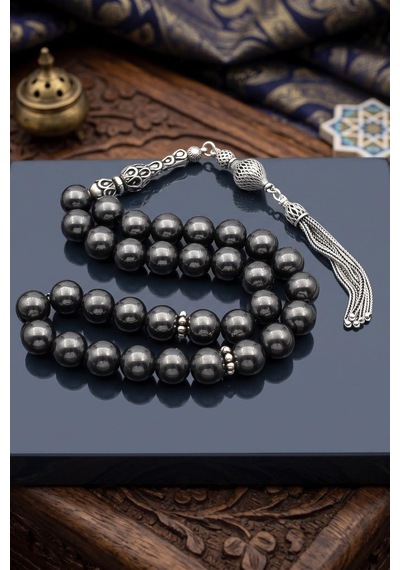 Doğal Hematit Taşlı Tesbih 925 Ayar Gümüş Püsküllü 10mm Küre Kesim 902768