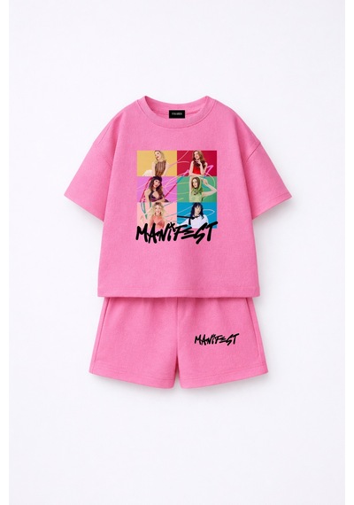 Fasardi Manifest Girls M6nifestgirls Baskılı Oversize Pamuk Tişört Şort 2li Çocuk Takım Pembe