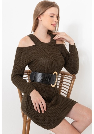 Aqe Fashion Kadın Haki Omuz Detaylı Elbise Haki