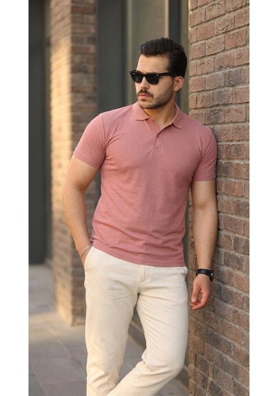 Defymoda Erkek Kısa Kollu Yakalı Tişört Gülkurusu