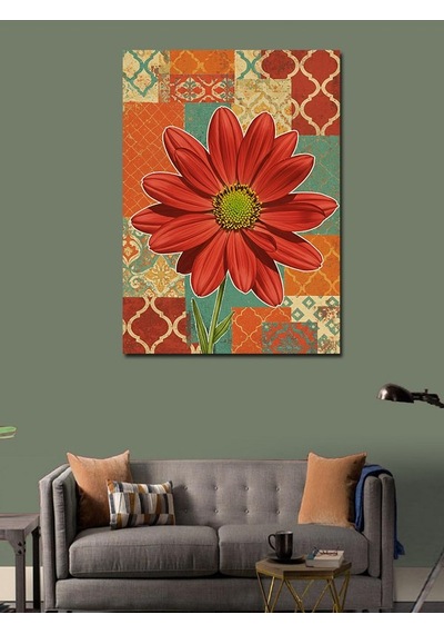 Kanvas Tablo Kırmızı Çiçek Ve Geometrik Arka Plan 70cmx100cm
