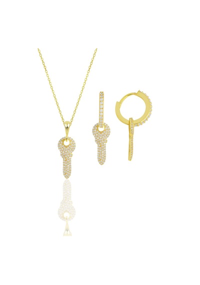 Gümüş Altın Yaldızlı Zirkon Taşlı Anahtar Kolye Ve Küpe İkili Set