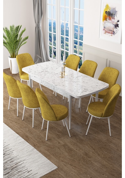 Canisa Concept Zen Serisi 80x132 Mdf Açılabilir Beyaz Mermer Desen Masa Takımı Ve 8 Hardal Sandalye Masa Beyaz/sandalyeler Hardal Canisa Concept Zen Serisi 80x132 Mdf Açılabilir Beyaz Mermer Desen Masa Takımı Ve 8 Hardal Sandalye Masa Beyaz/sandalyeler Hardal