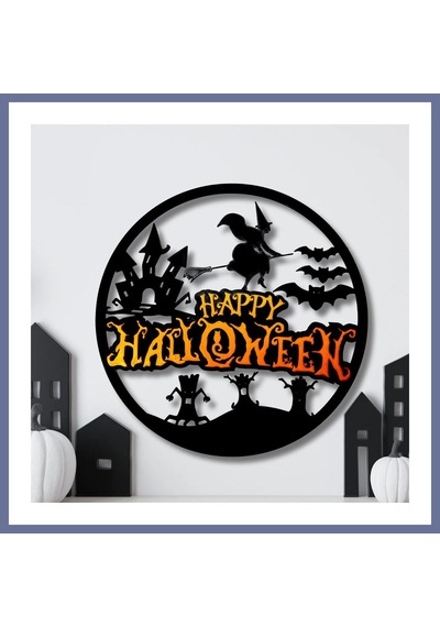 Bezos 3d Baskı Happy Halloween Yuvarlak Duvar Panosu Cadı Şato Yarasa Silüetli Kapı Süsü Duvar Dekoru Siyah Dlra Standart