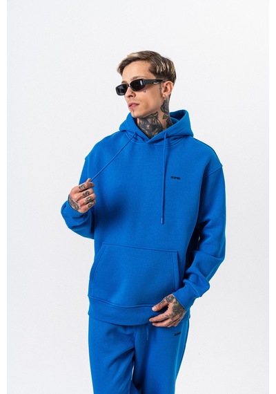 Erkek Respire Yazı Detaylı Kapüşonlu Basic Oversize Hoodie Mavi